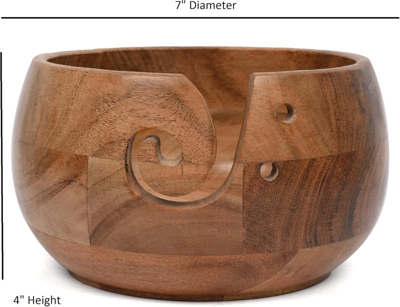 EDHAS Acacia Wood Yarn Bowl Holder | Handmade Holder with Holes | Yarn/Wool/String Storage Accessory (7" x 7" x 4") - Image 5